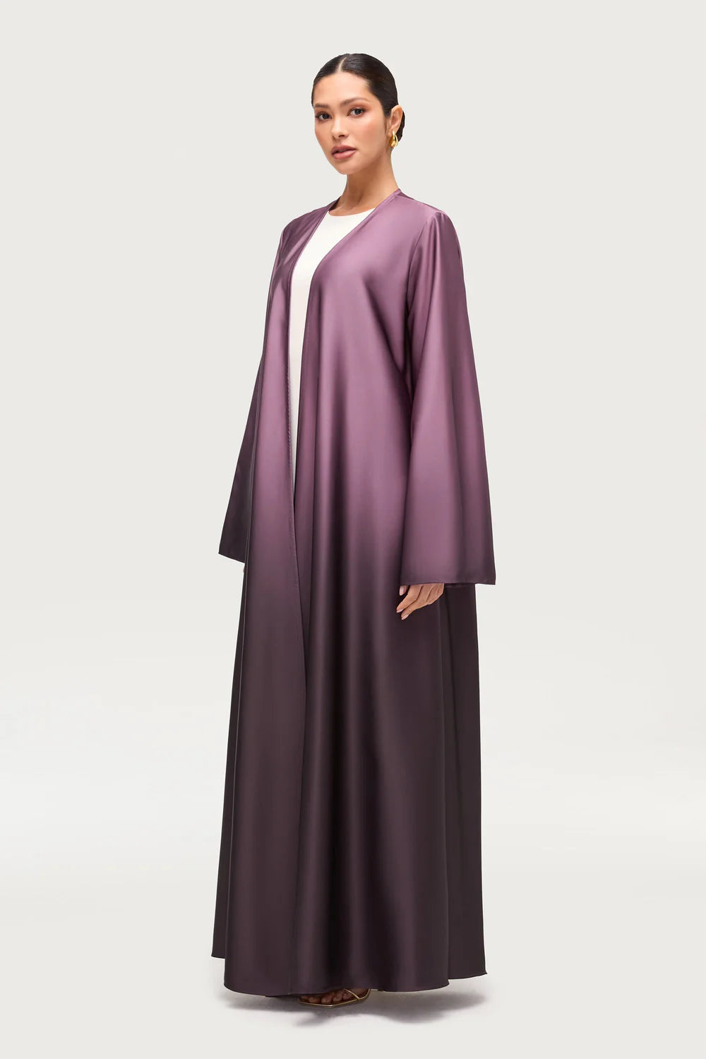 Elegant Satin Ombre Open Abaya – Two-Faced Purple