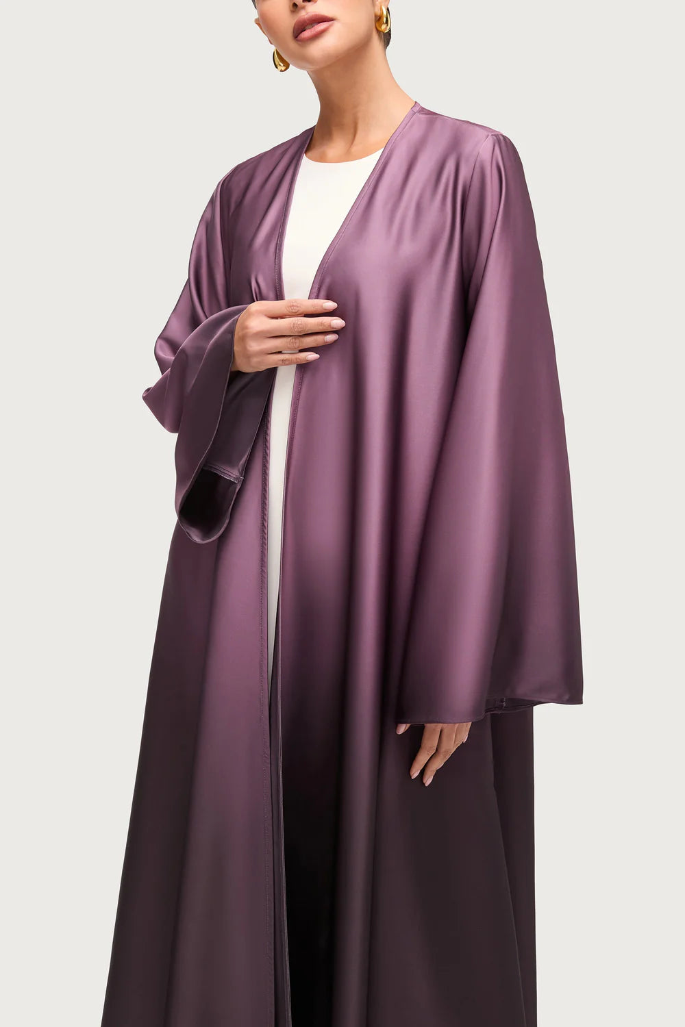 Elegant Satin Ombre Open Abaya – Two-Faced Purple