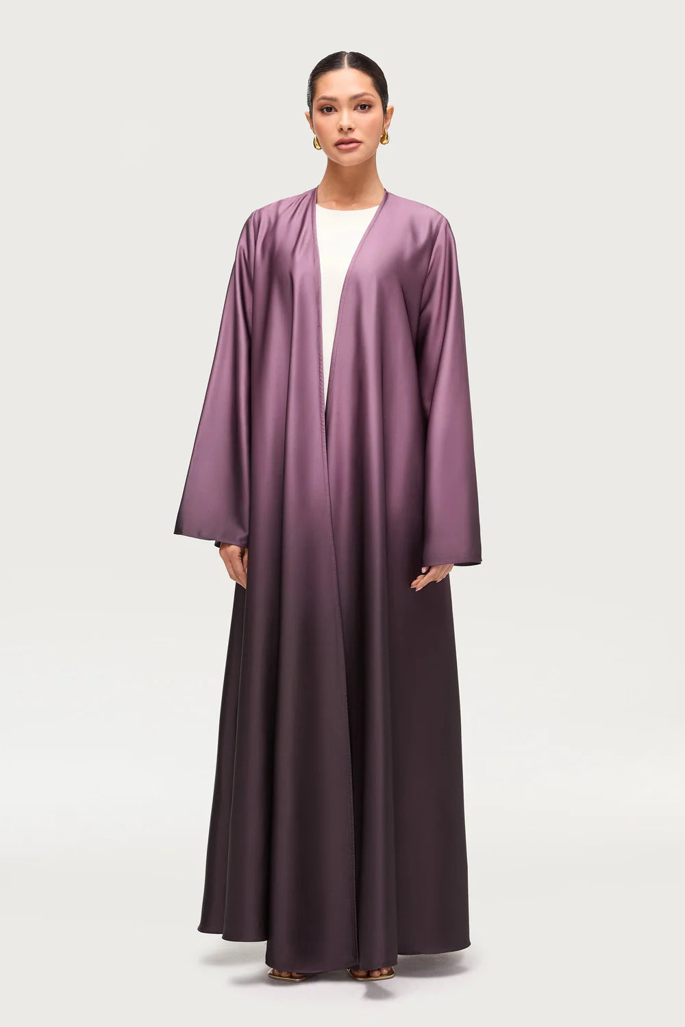 Elegant Satin Ombre Open Abaya – Two-Faced Purple